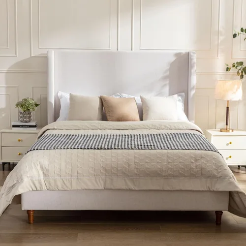 Miniatura 10 de Base de cama tapizada tamaño Queen, cabecera acolchada de 54" con respaldo geométrico, plataforma tapizada para dormitorio de niños, adolescentes