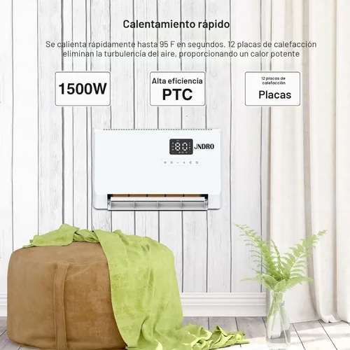 Miniatura 2 de Calentador de espacio montado en la pared con termostato ECO y control remoto, pantalla LED, modos de oscilación de 60°/90°/120°, temporizador de 24