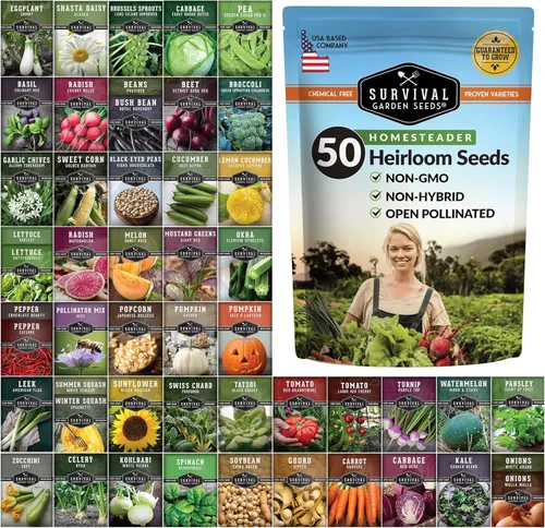 Bóveda de semillas Homesteader - 50 paquetes de semillas autóctonas, frutas y hierbas sin OMG para plantar un jardín de la victoria - Cultive