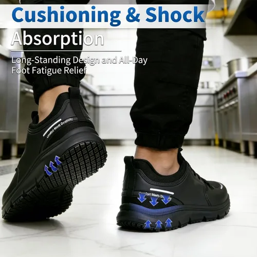 Miniatura 6 de Zapatos de trabajo antideslizantes para hombre, resistentes al agua, cómodos, transpirables, ligeros, para caminar, color negro, para cocinero