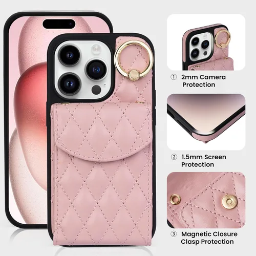 Miniatura 6 de Funda para iPhone 15 Pro de 6.1 pulgadas, cartera cruzada con bloqueo RFID, 4 ranuras para tarjetas, soporte de anillo de 360°, funda protectora