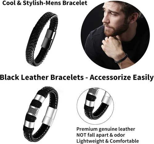 Miniatura 2 de LOWNOUR Pulseras para hombres, hechas a mano, de cuero, para hombres, trenzadas, negras, regalos para hombres, cuero y acero, 8.5 pulgadas, Cuero