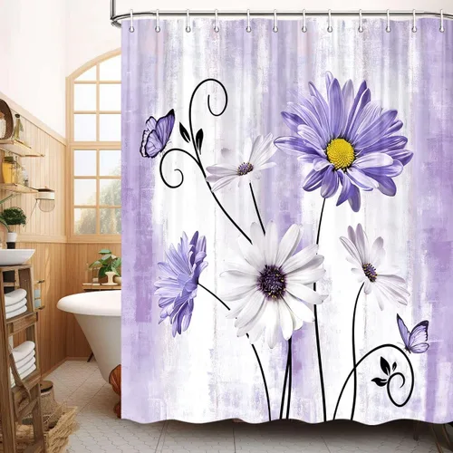 Miniatura 16 de JAWO Cortina de ducha con diseño floral de margaritas azules, cortina de ducha rústica de granja y mariposa en el campo, juego de cortinas de ducha
