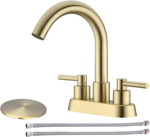 Grifo de baño central de 4 pulgadas con montaje de drenaje desplegable de desbordamiento, negro mate, níquel cepillado y oro cepillado