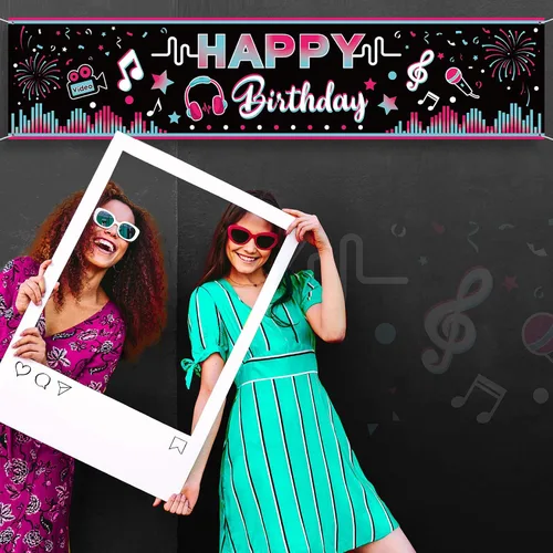 Miniatura 7 de Cartel de feliz cumpleaños de 71 x 16 pulgadas, decoración grande de tela para fiesta musical, telón de fondo, telón de fondo para cabina de fotos