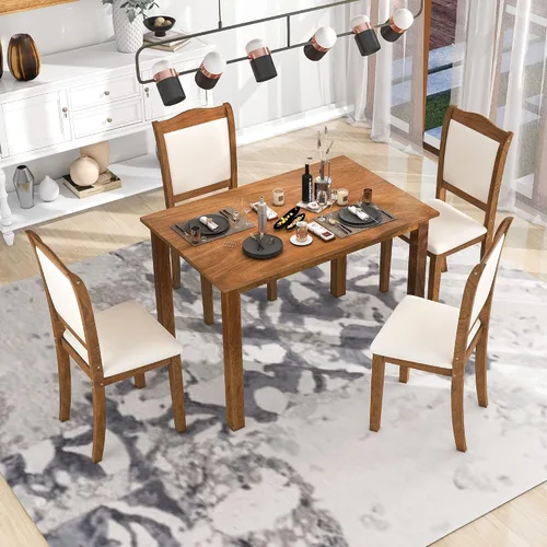 Miniatura 4 de RUNNA Juego único de mesa de comedor de madera de 5 piezas con mesa rectangular y 4 sillas tapizadas, para lugares pequeños y cocina, cómodo