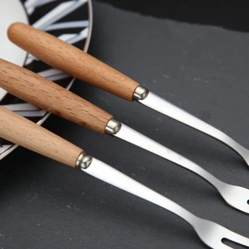 Miniatura 4 de 6 tenedores de acero inoxidable con mango de madera y dos puntas, horquillas para pastel de frutas