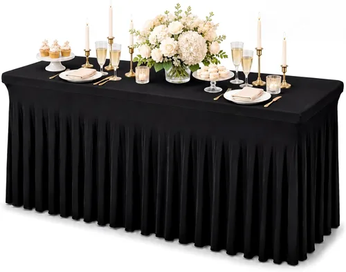 Miniatura 9 de Fixwal Paquete de 2 manteles de elastano negro para mesa rectangular de 4 pies, falda de mesa para fiesta, espectáculo, boda y cumpleaños