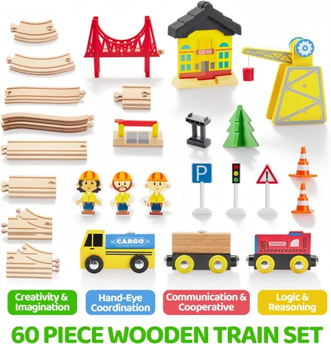 Miniatura 3 de Juego de trenes de madera de 60 piezas, trenes magnéticos de juguete con pista de madera para niños de 3 a 8 años, juego de tren de grúa