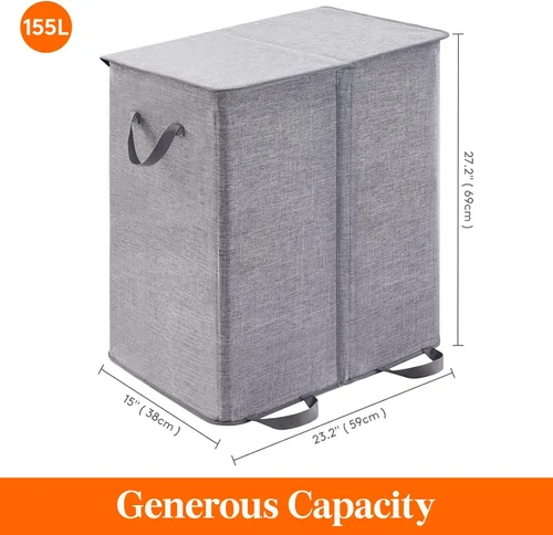 Miniatura 5 de Lifewit Cesta doble para la ropa sucia con tapa y bolsas de lavandería extraíbles, gran plegable, 2 divisores, cesta de ropa sucia con asas para Gris
