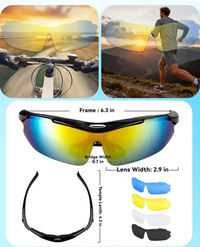 Miniatura 6 de Gafas de sol polarizadas para hombres y mujeres, 5 lentes con protección UV, antirreflejos, para deportes, béisbol, correr Negro claro