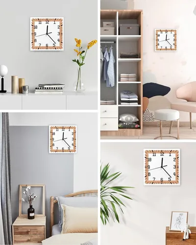 Miniatura 4 de Reloj de pared de madera geométrico naranja, silencioso, sin tictac, diseño de llave griega, tradicional, retro, cuadrado, funciona con pilas, reloj