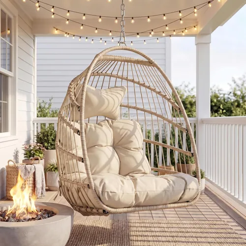 Miniatura 10 de Bulexyard Silla huevo al aire libre sin soporte, 159 kg plegable resistente al clima de ratán colgante con cojín, asiento tipo cesta mecedora Gris
