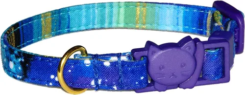 Miniatura 9 de Collar de gato con galaxia, Cosmos de azul y morado, 100% algodón, 3/8 pulgadas de ancho, 2 tamaños, hebilla de seguridad separable, hecho a mano