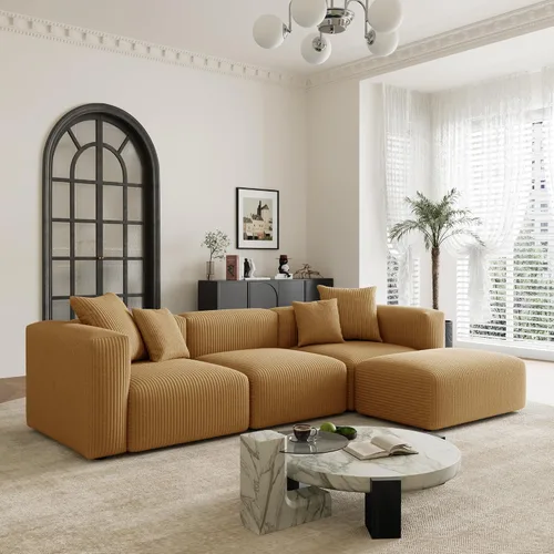 Miniatura 17 de Acanva - Sofá modular convertible de corduroy en forma de L, 4 plazas con combinación libre de esquina, convertible a cama diurna, sofá amplio