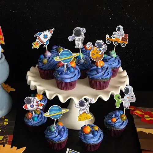 Miniatura 7 de Gyufise 36 piezas de astronauta espacial para cupcakes, planeta, cohete, telescopio, viaje a la luna, para cupcakes para el espacio exterior, baby