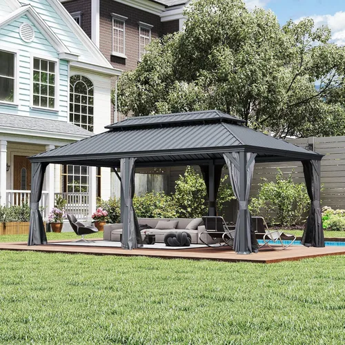 Miniatura 48 de Domi - Cenador de techo rígido de 8 x 8 pies con malla y cortinas, cenador para exteriores con techo doble de acero galvanizado para patio, césped