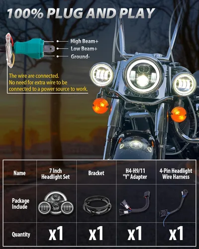 Miniatura 5 de XPCTD - Faro delantero LED de motocicleta de 7 pulgadas con lámparas de niebla de 4.5" compatibles con Harley Davidson Street Glide Road King Negro
