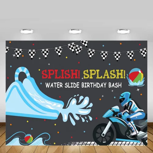 Miniatura 5 de MEHOFOND 7 x 5 pies para niños, tobogán acuático, telón de fondo para fiesta de cumpleaños, fiesta de piscina, motocross, bday, verano, natación