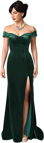 RYANTH Vestido de fiesta de terciopelo de sirena para mujer, con hombros descubiertos, vestido de noche con abertura, vestido de cóctel RPM111