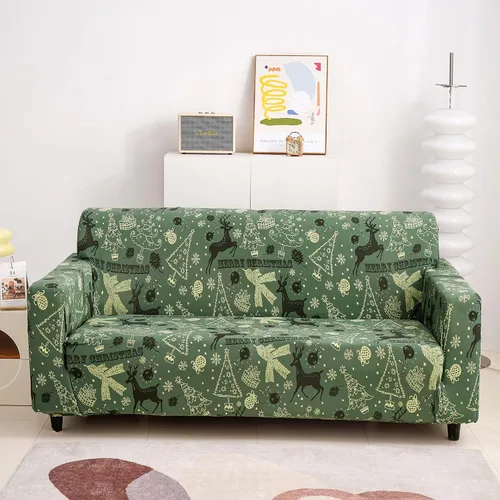 Miniatura 8 de Anibedding - Funda estampada de Navidad roja para sofá de 2 cojines, funda elástica con renos y copos de nieve para sofá, funda de sofá lavable a