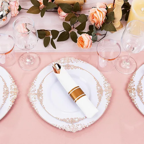 Miniatura 7 de Hioasis 350 platos de plástico color oro rosa, elegante juego de vajilla desechable adecuado para 50 invitados, incluye platos de cena de 10.25