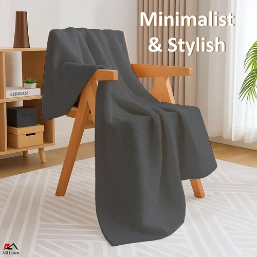 Miniatura 2 de ARlinen Manta de cama de gofres, 100% algodón, suave, ligera, transpirable, manta térmica para todas las estaciones, tamaño King, gris oscuro
