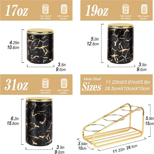 Juego de Recipientes de Cerámica con Patrón Dorado de Metal para Encimera de Cocina - Un Juego de 3 Recipientes de Cocina con Estante Escalonado,