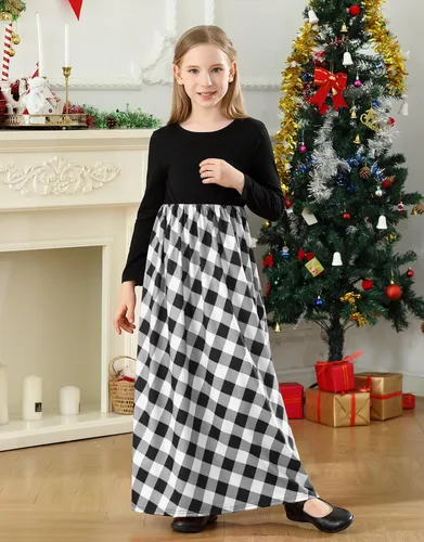 Miniatura 2 de KYMIDY - Vestido largo para niña, casual, a cuadros estilo Buffalo, de manga larga, con bolsillos (para niñas de 6 a 14 años)