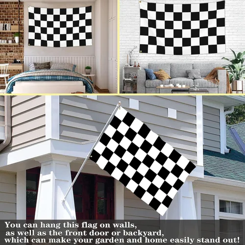 Miniatura 4 de Bandera a cuadros de doble cara de 3 x 5 pulgadas, banderas de carreras en blanco y negro, divertida bandera de vacaciones para interiores