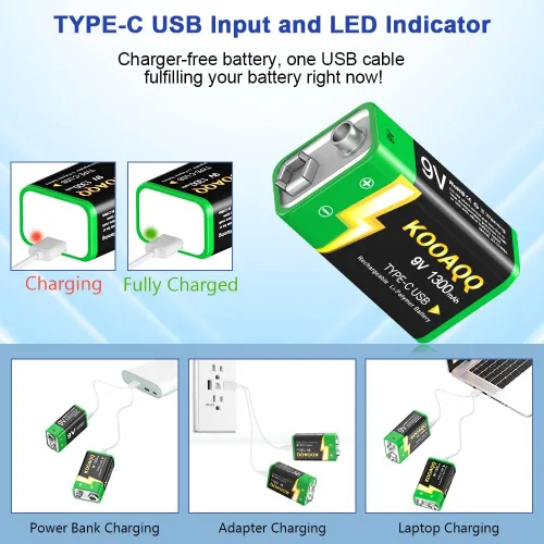 Miniatura 5 de Baterías recargables de 9 V, batería de litio de 1300 mAh de 9 voltios para alarmas de humo, micrófonos, walkie-talkie, juguetes, etc., recarga