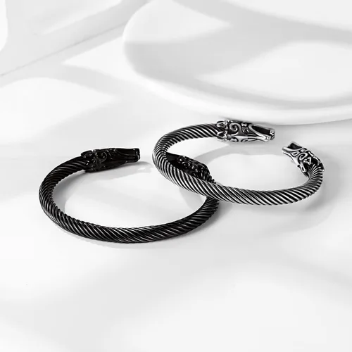 Miniatura 8 de Bestyle Brazalete vikingo de acero inoxidable pesado para hombres y niños, pulsera ajustable abierta de cuervoloboruna, vintage, retro, joyería