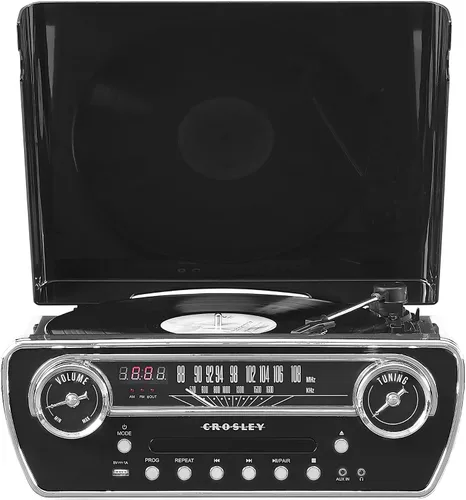 Miniatura 18 de Crosley CR6047A-AB Powel 7-en-1 Tocadiscos Bluetooth con entrada/salida de vinilo, radio AM/FM, reproductor de CD y entrada auxiliar, Azul Aqua