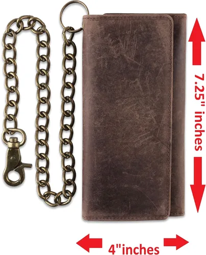 Miniatura 4 de FL CLASSIC Cartera de cadena de acero de cuero vacuno con bloqueo RFID para hombre Marrón antiguo Cartera RFID