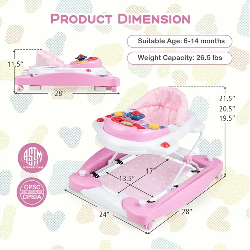 Miniatura 7 de BABY JOY Andador de bebé 6 en 1, andador de bebé plegable con ruedas, altura ajustable, música, luces, modo saltador y mecedora, andadores de bebé