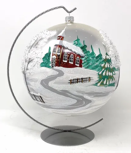 Miniatura 75 de Adorno navideño de capilla azul con soporte, bola de vidrio soplado polaco pintada a mano, bola extra grande de 8 pulgadas/200mm, adorno de fe eterna