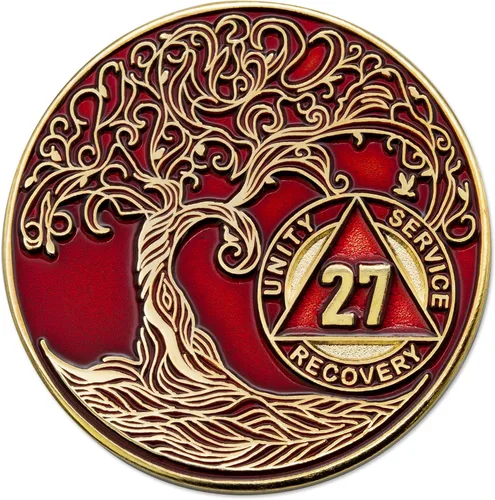 Miniatura 22 de 20 Year Sobriety Mint Twisted Tree of Life - Medallón de recuperación AA chapado en oro, fichas y fichas, color negro
