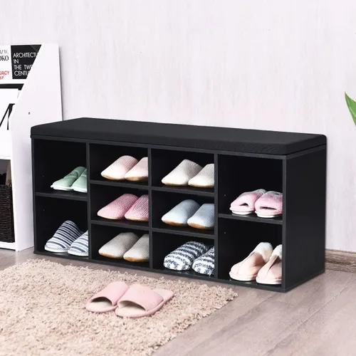 Miniatura 8 de KOTEK Banco de zapatos de madera con cojín, zapatero de 10 cubos con estantes ajustables, organizador de almacenamiento de zapatos para sala