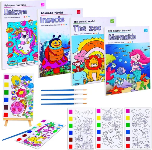 JUNQIU - Paquete de 4 libros de pintura con agua para niños, pintura de acuarela, libros para colorear para niños pequeños, juego de pintura mágica