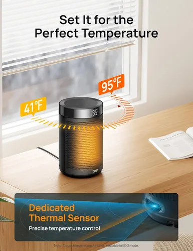 Miniatura 6 de Dreo - Calefactor eléctrico portátil de interior, con termostato, pantalla digital, temporizador 1-12 h, modo ecológico/ventilador, 1500 W PTC, Negro