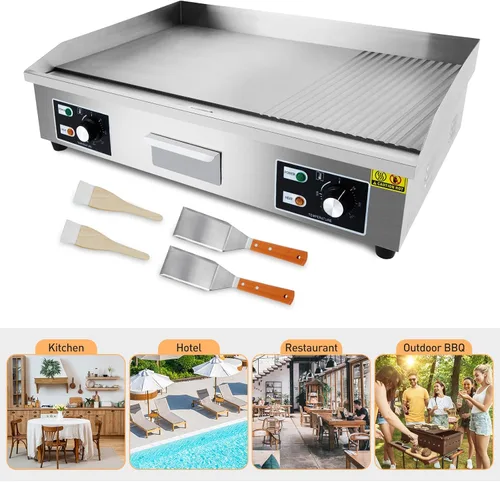 Miniatura 6 de Plancha eléctrica comercial de 29 pulgadas, parrilla Teppanyaki media acanalada de 3000 W, plancha eléctrica de encimera de acero inoxidable