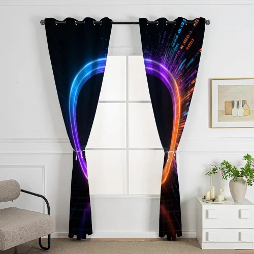 Miniatura 4 de Cyber Ring Curtains, Thermal Insulated Darkening Drapes For Sci-Fi Home Decor, Futuristic Neon Circle Digital Grid Scene Grommet Window Treatments