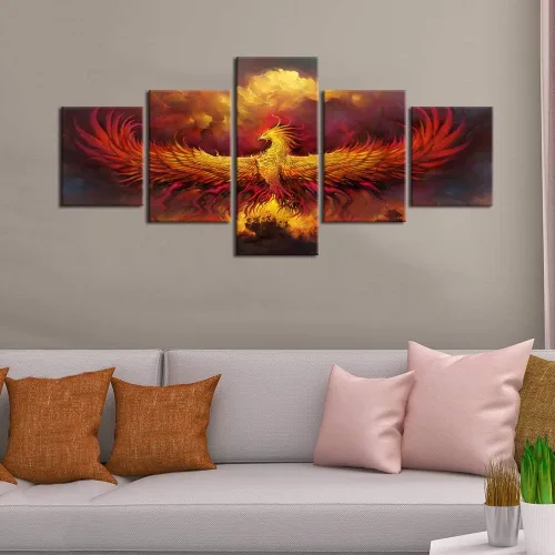 Miniatura 4 de 5 piezas de pintura sobre lienzo ardiente de fénix dibujado en estilo heráldico fuego fénix arte de pared vintage impresiones obras de arte arte