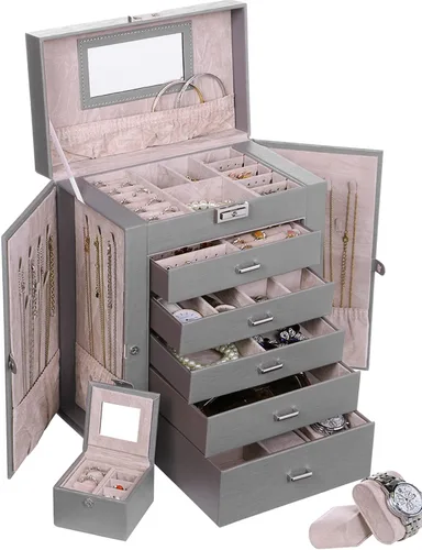 ANWBROAD Caja de joyería grande de 6 niveles organizador de joyas con cerradura de espejo caja de joyería para niñas aretes anillos collares