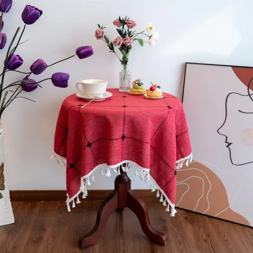 Miniatura 9 de Gernaice Mantel pequeño bordado rústico con borlas, cuadrado, a prueba de polvo, para cocina, comedor, picnic, fiesta, decoración del hogar Marrón