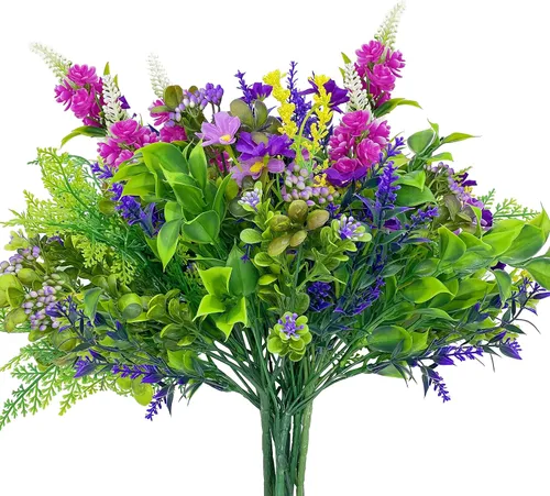 Paquete de 9 plantas artificiales realistas para macetas de exteriores, resistentes a los rayos UV, para todo tipo de clima (magenta y lavanda, 9)