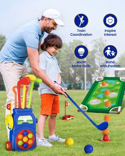 Miniatura 2 de KINGTOP Juego de golf para niños pequeños con tapete de putting y tabla de cornhole, palos de golf para niños de 3 a 5 años con 10 pelotas, 4 palos