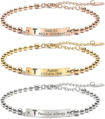 MignonandMignon Identificación médica personalizada para mujeres, pulsera de alerta de diabetes grabada, cadena de bolas, joyería para niños