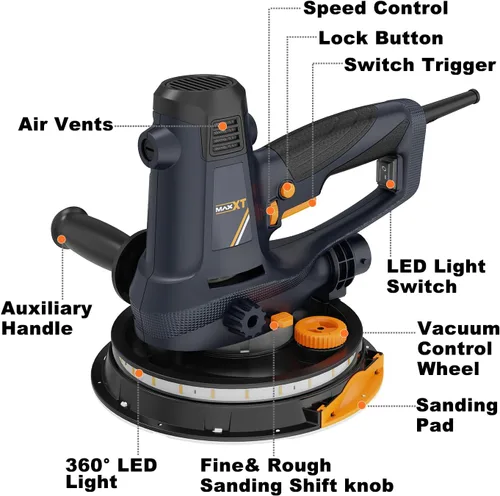 Miniatura 6 de Lijadora de yeso manual MAXXT de 810W, lijadora eléctrica para paredes, lijado grueso y fino, velocidad variable de 1500-2800RPM, almohadilla