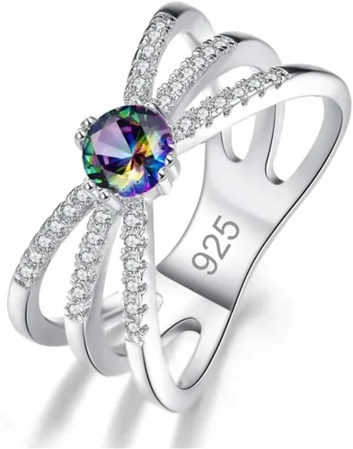 Miniatura 13 de Narica Anillo de 21 piedras chapadas en plata, apilables, corte redondo, zafiro azul, circonita cúbica, relleno de circonita cúbica, halo